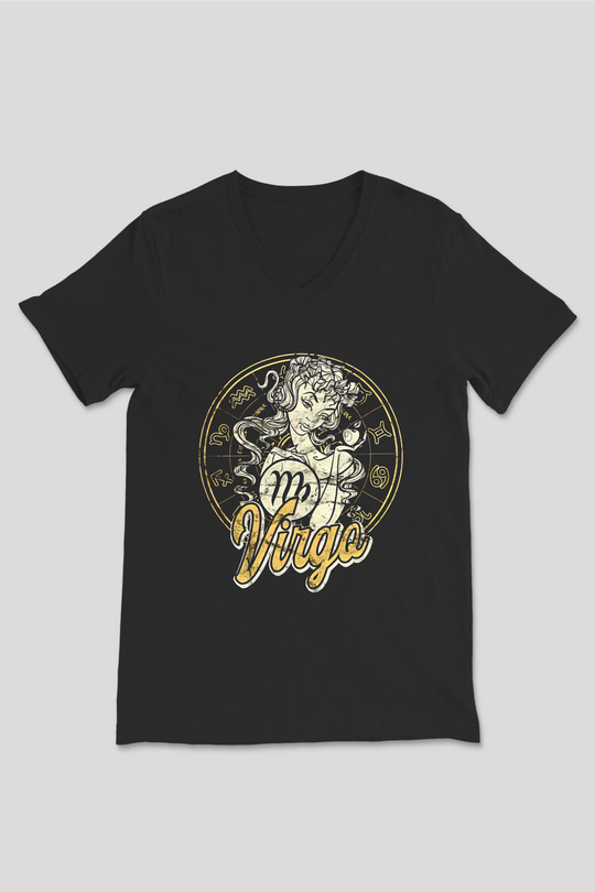Başak Burcu Baskılı Unisex Siyah V Yaka Tişört - Tshirt