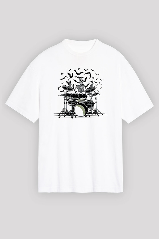 Bateri Baskılı Beyaz Unisex Oversize Tişört - Tshirt