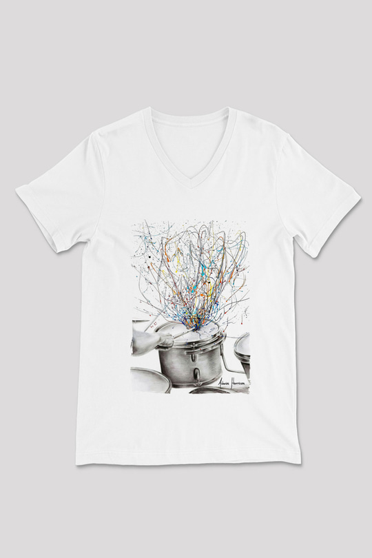 Bateri Baskılı Beyaz Unisex V Yaka Tişört - Tshirt