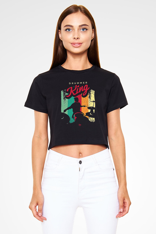 Bateri Baskılı Siyah Crop Top Kadın Tişört - Tshirt