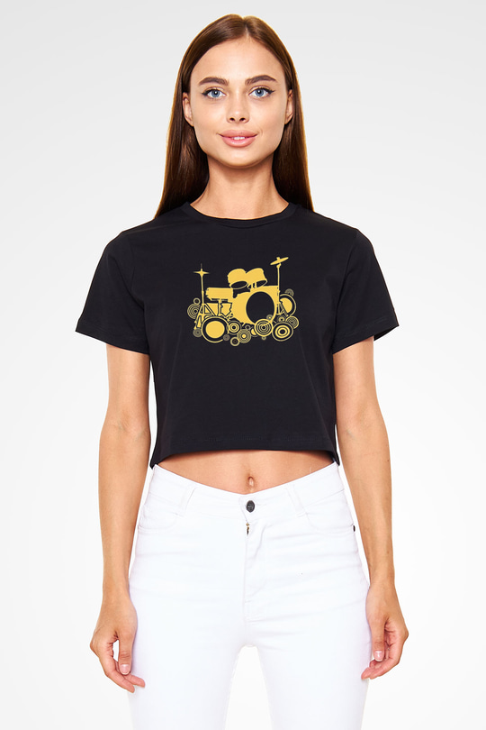 Bateri Baskılı Siyah Crop Top Kadın Tişört - Tshirt