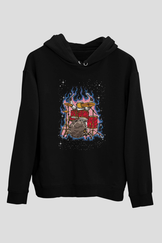 Bateri Baskılı Unisex Siyah Hoodie