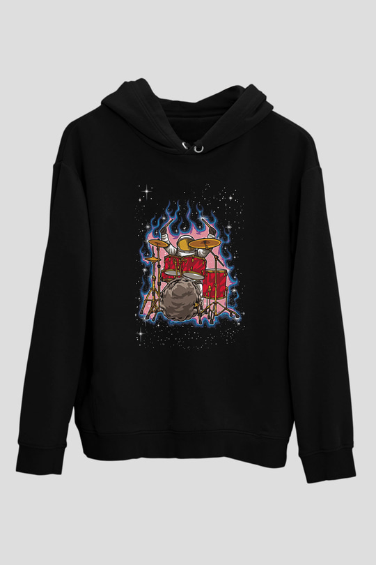 Bateri Baskılı Unisex Siyah Hoodie
