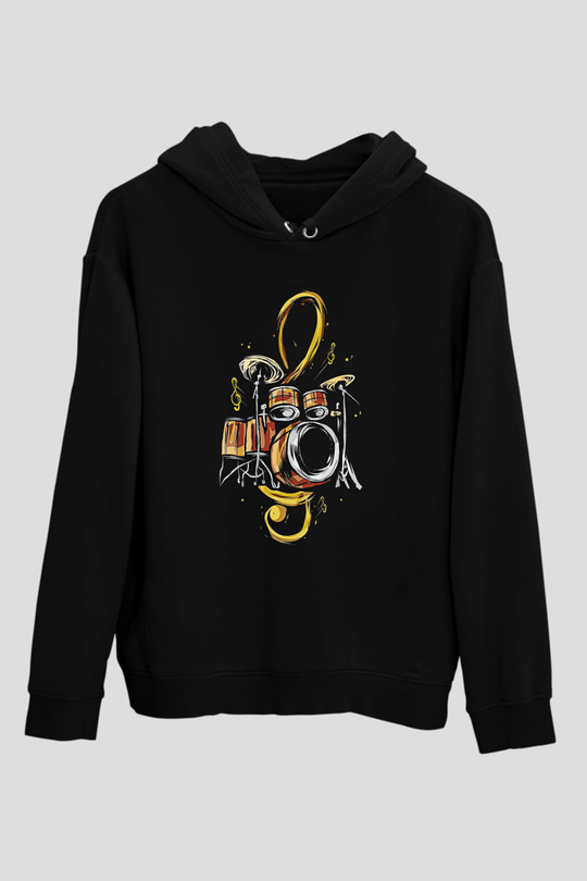Bateri Baskılı Unisex Siyah Hoodie