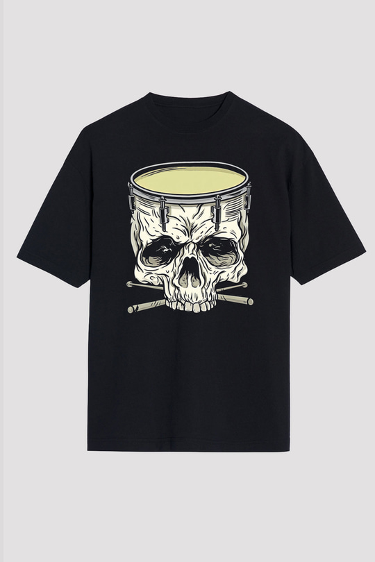 Bateri Baskılı Unisex Siyah Oversize Tişört - Tshirt