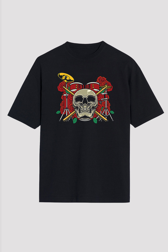 Bateri Baskılı Unisex Siyah Oversize Tişört - Tshirt