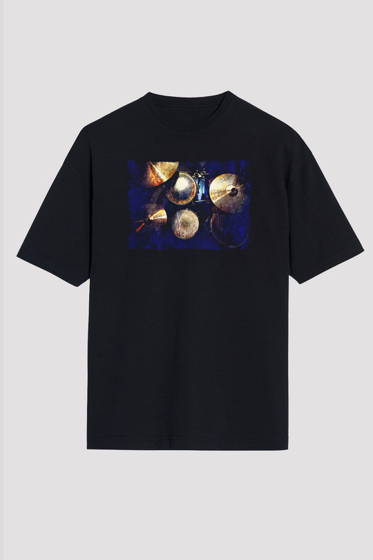 Bateri Baskılı Unisex Siyah Oversize Tişört - Tshirt