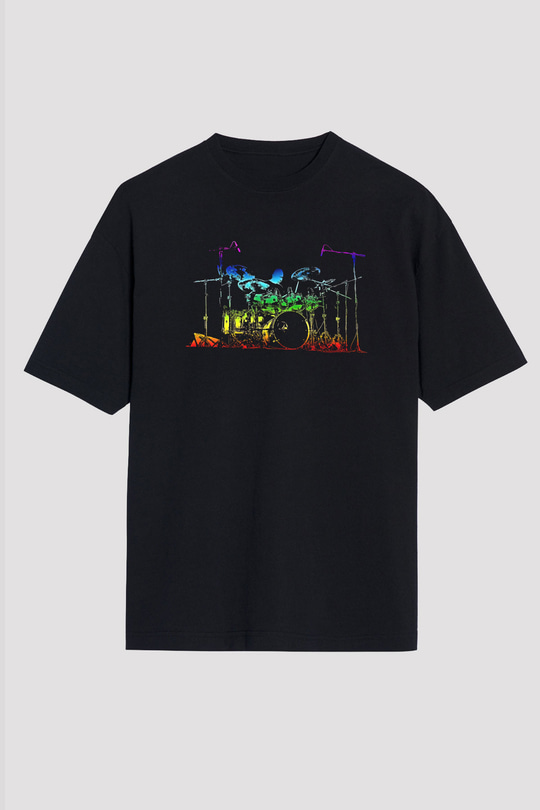 Bateri Baskılı Unisex Siyah Oversize Tişört - Tshirt