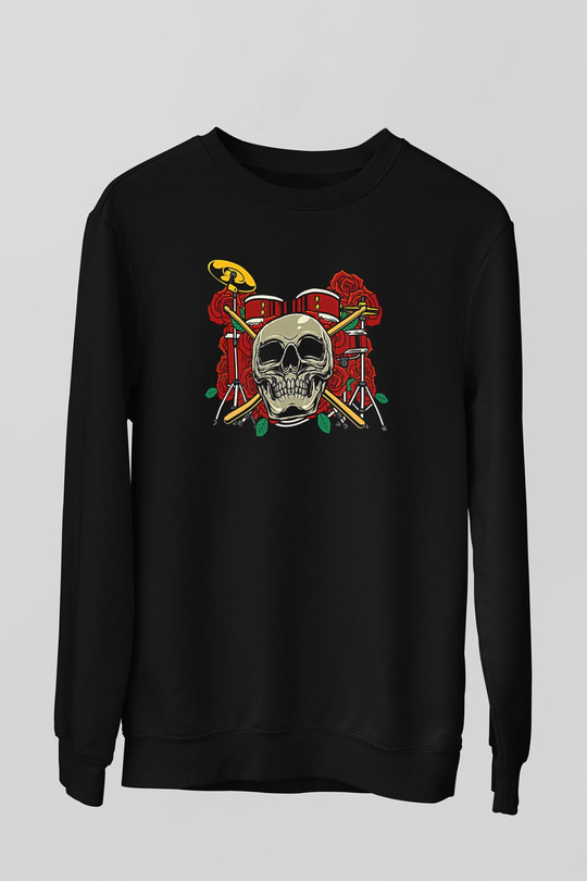 Bateri Baskılı Unisex Siyah Sweatshirt