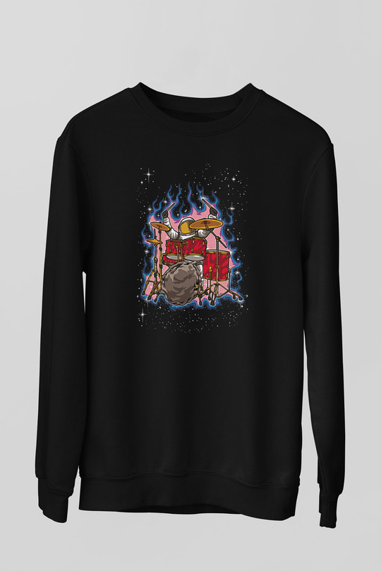 Bateri Baskılı Unisex Siyah Sweatshirt