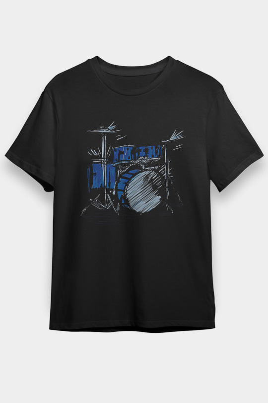 Bateri Baskılı Unisex Siyah Tişört - Tshirt