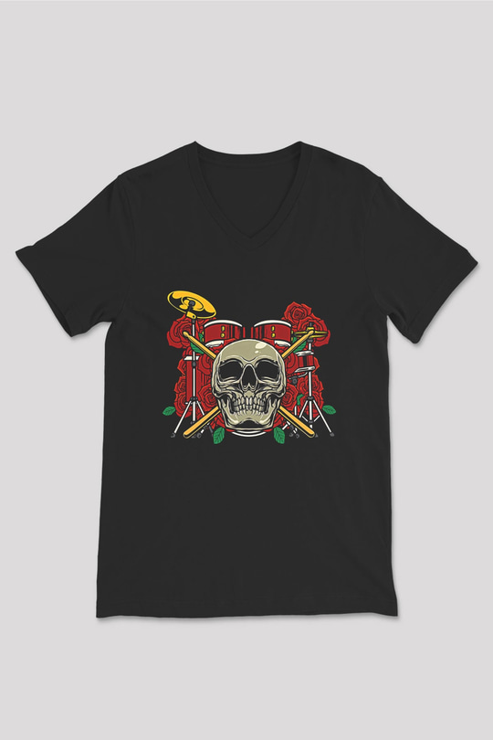Bateri Baskılı Unisex Siyah V Yaka Tişört - Tshirt