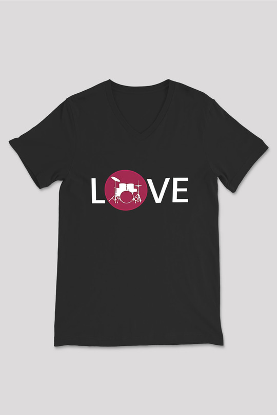 Bateri Baskılı Unisex Siyah V Yaka Tişört - Tshirt
