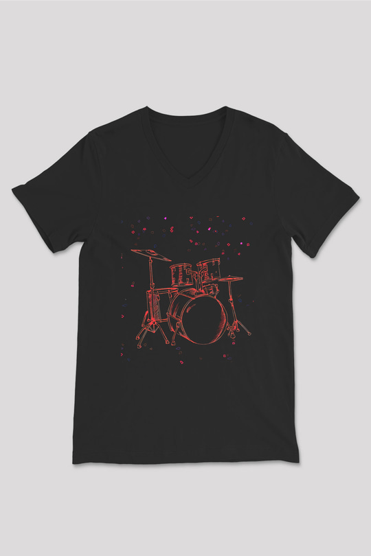 Bateri Baskılı Unisex Siyah V Yaka Tişört - Tshirt
