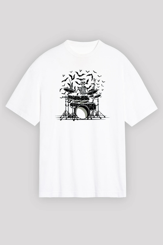 Baterist İskelet Baskılı Unisex Beyaz Tişört
