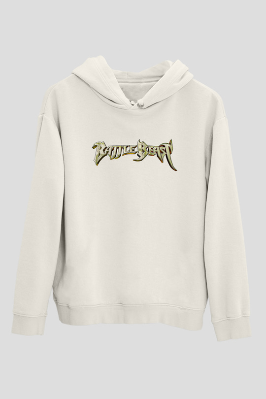 Battle Beast Baskılı Beyaz Unisex Kapüşonlu Sweatshirt