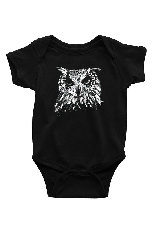 Baykuş Baskılı Siyah Bebek Body - Zıbın