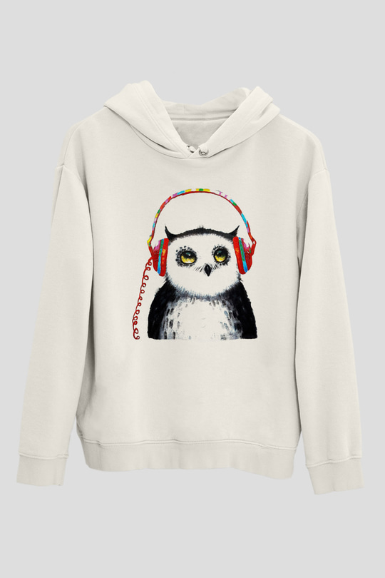 Baykuş Beyaz Unisex Kapşonlu Sweatshirt