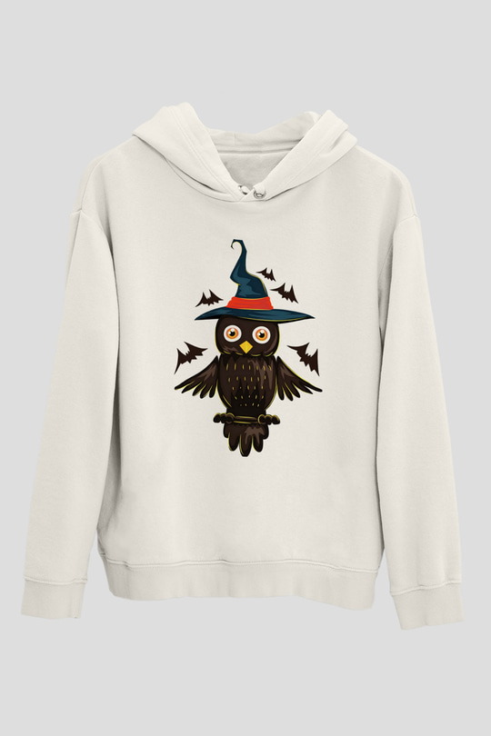Baykuş Beyaz Unisex Kapşonlu Sweatshirt