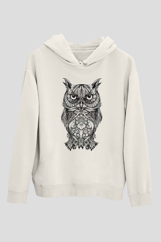 Baykuş Beyaz Unisex Kapşonlu Sweatshirt