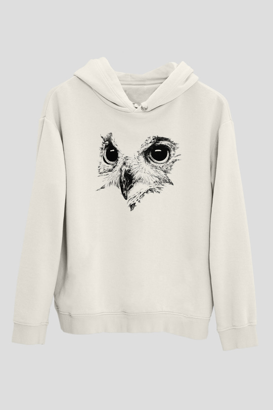 Baykuş Beyaz Unisex Kapşonlu Sweatshirt
