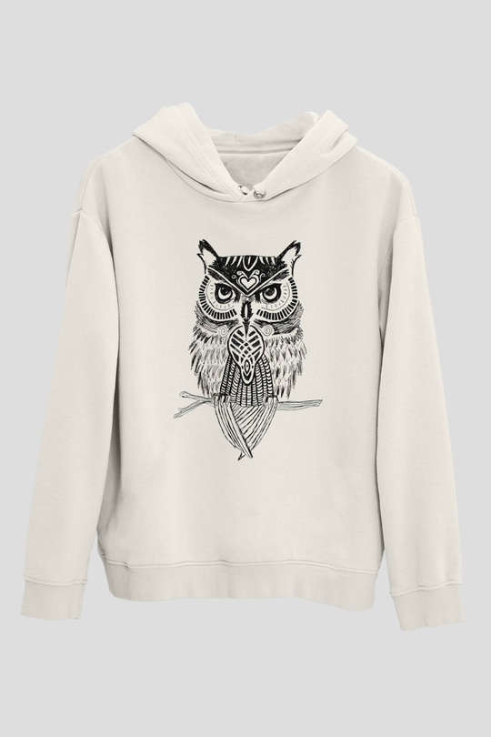 Baykuş Beyaz Unisex Kapşonlu Sweatshirt