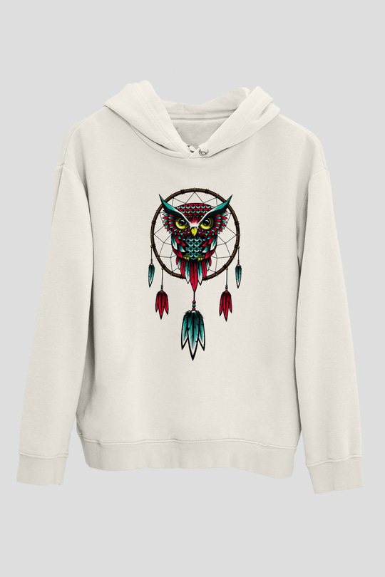 Baykuş Beyaz Unisex Kapşonlu Sweatshirt