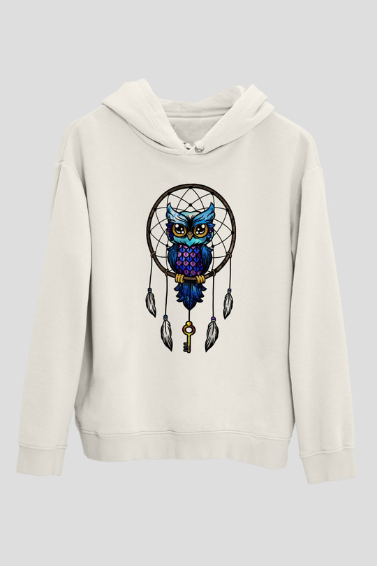 Baykuş Beyaz Unisex Kapşonlu Sweatshirt