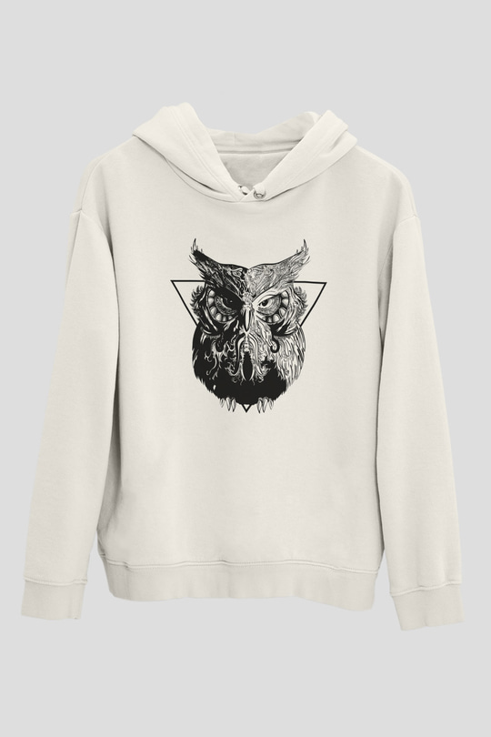 Baykuş Beyaz Unisex Kapşonlu Sweatshirt