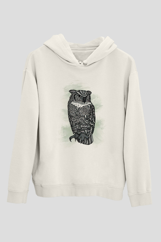 Baykuş Beyaz Unisex Kapüşonlu Sweatshirt