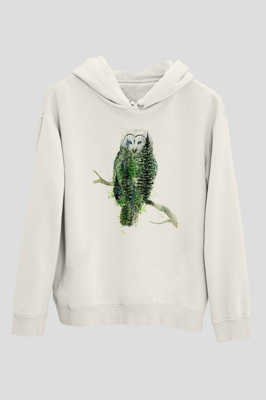 Baykuş Beyaz Unisex Kapüşonlu Sweatshirt