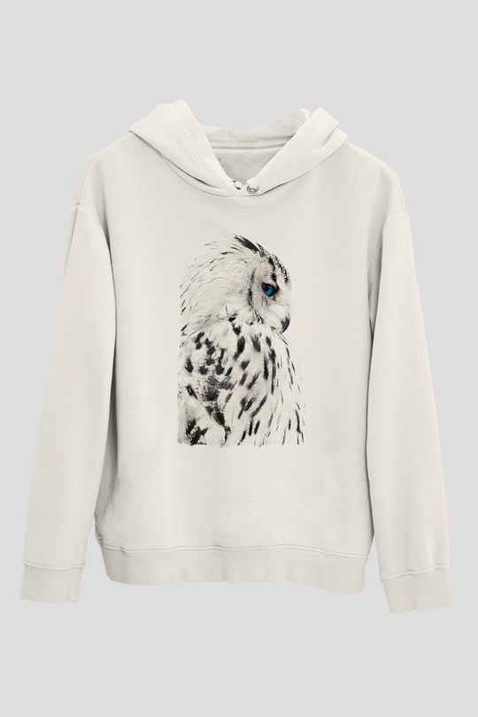 Baykuş Beyaz Unisex Kapüşonlu Sweatshirt