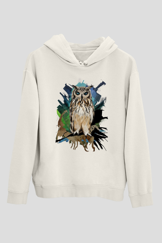Baykuş Beyaz Unisex Kapüşonlu Sweatshirt