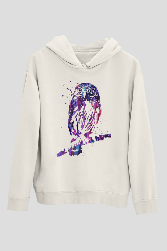 Baykuş Beyaz Unisex Kapüşonlu Sweatshirt