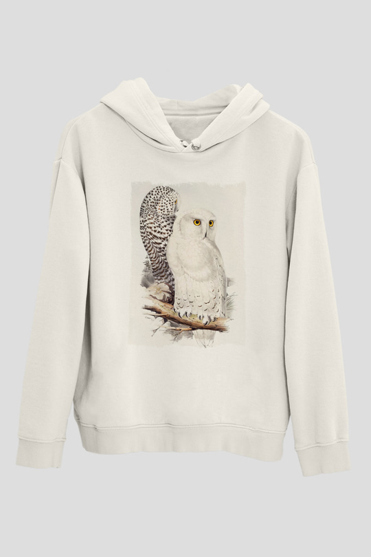 Baykuş Beyaz Unisex Kapüşonlu Sweatshirt