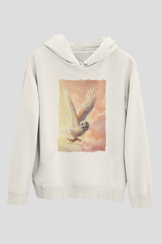 Baykuş Beyaz Unisex Kapüşonlu Sweatshirt