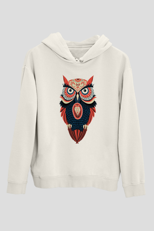 Baykuş Beyaz Unisex Kapüşonlu Sweatshirt