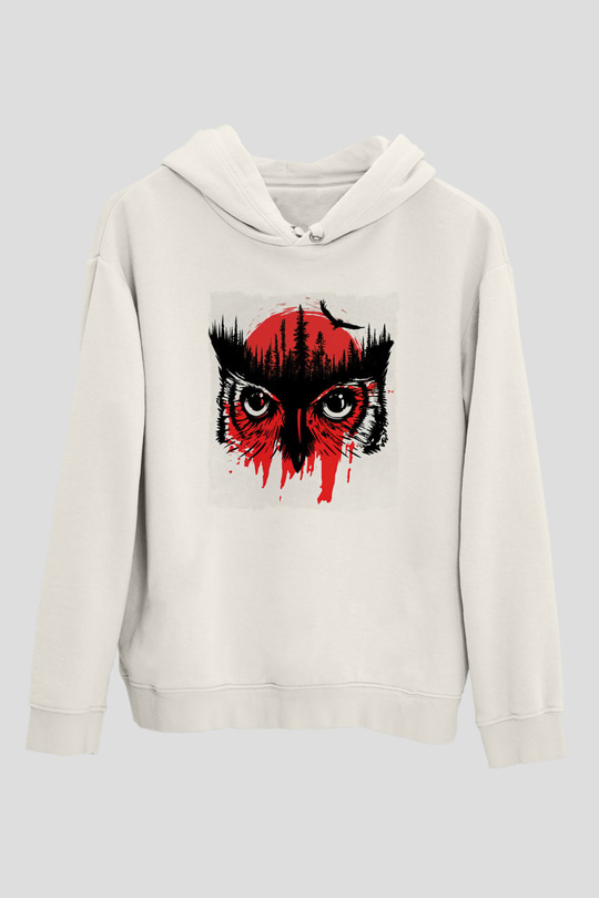 Baykuş Beyaz Unisex Kapüşonlu Sweatshirt