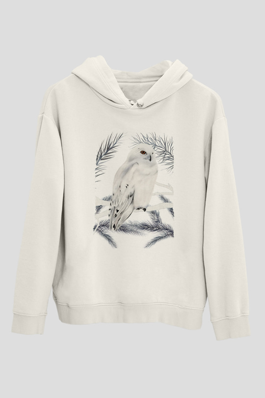Baykuş Beyaz Unisex Kapüşonlu Sweatshirt