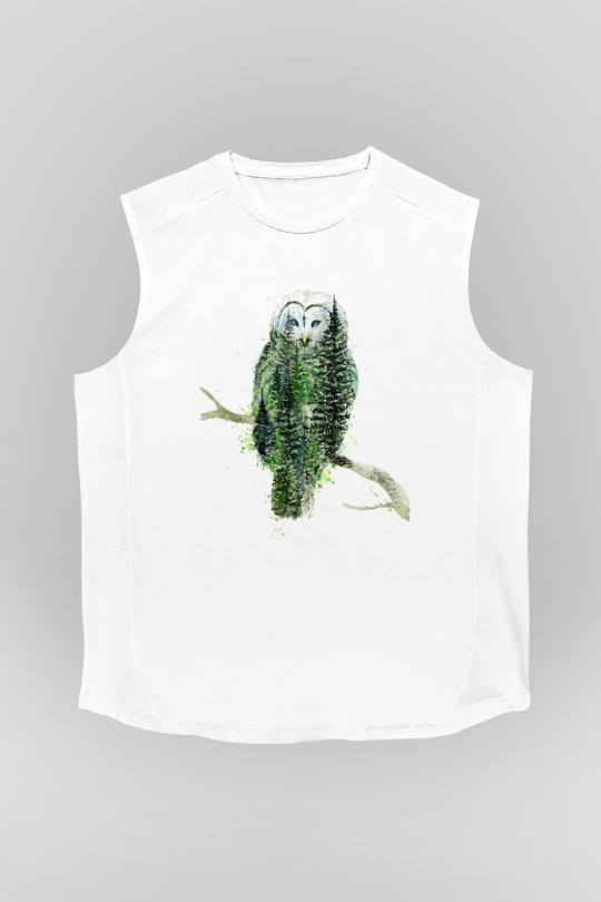 Baykuş Beyaz Unisex Kolsuz Tişört