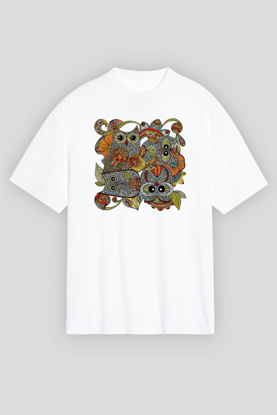 Baykuş Beyaz Unisex Oversize Tişört T-Shirt