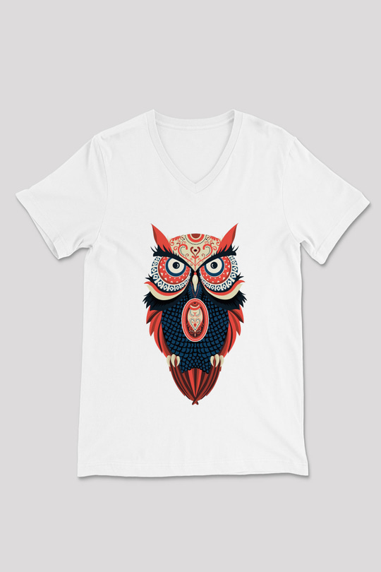 Baykuş Beyaz Unisex V Yaka Tişört