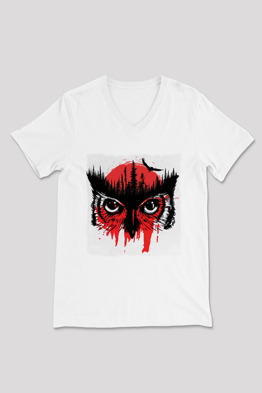 Baykuş Beyaz Unisex V Yaka Tişört