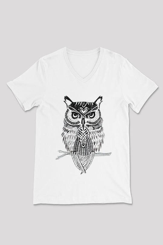 Baykuş Beyaz Unisex V Yaka Tişört T-Shirt