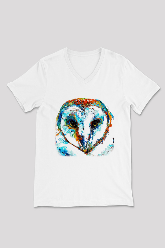 Baykuş Beyaz Unisex V Yaka Tişört T-Shirt
