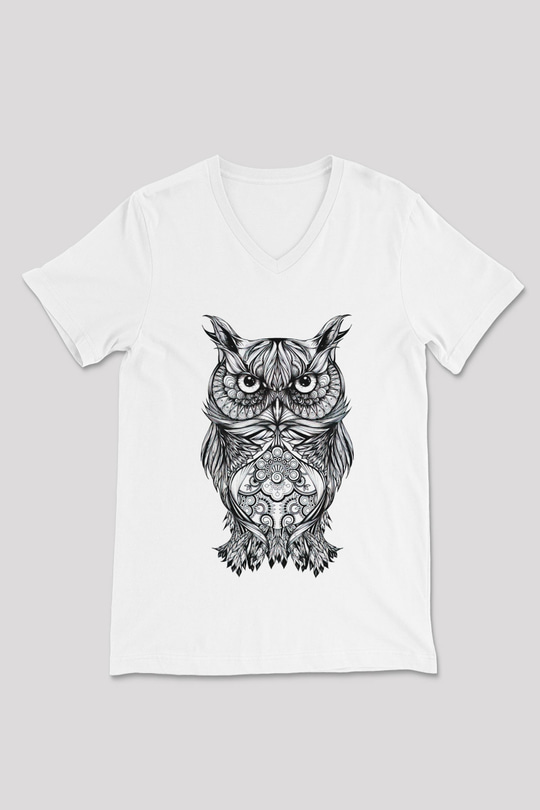Baykuş Beyaz Unisex V Yaka Tişört T-Shirt