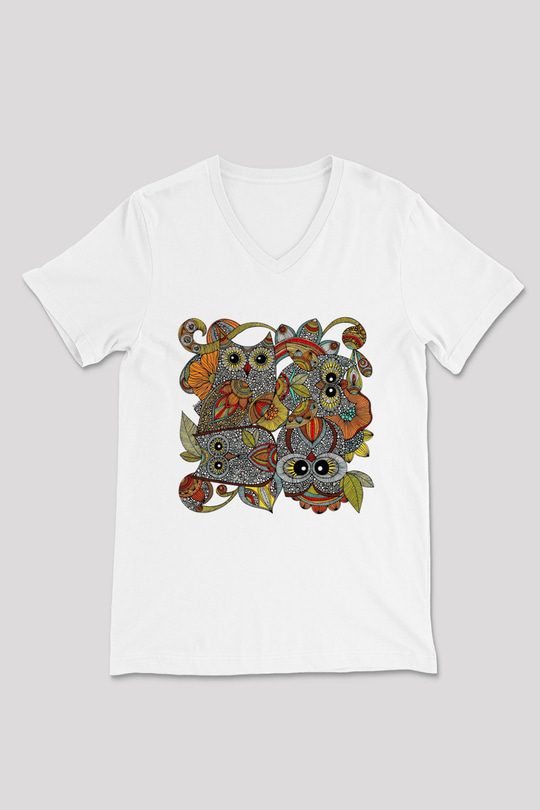 Baykuş Beyaz Unisex V Yaka Tişört T-Shirt