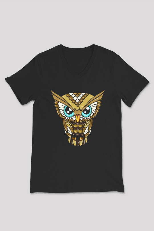 Baykuş Siyah Unisex V Yaka Tişört T-Shirt