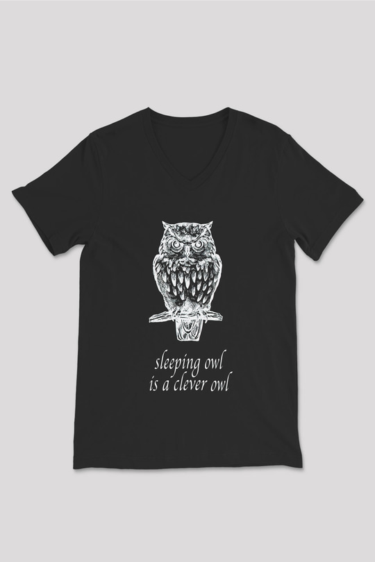 Baykuş Siyah Unisex V Yaka Tişört T-Shirt