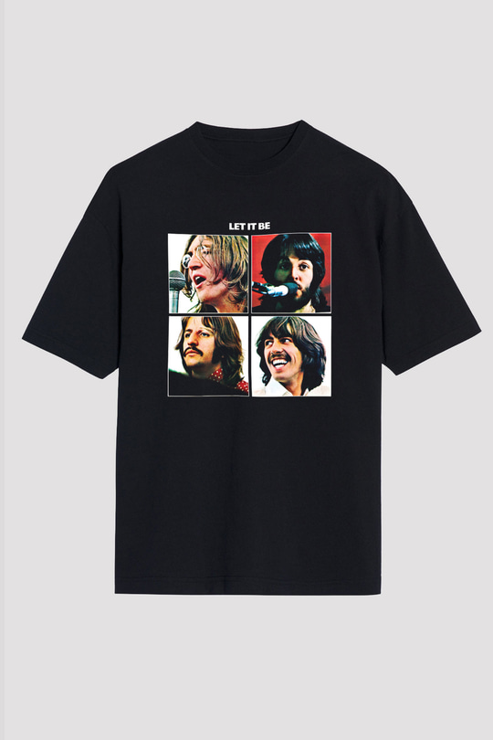 Beatles Baskılı Unisex Siyah Oversize Tişört
